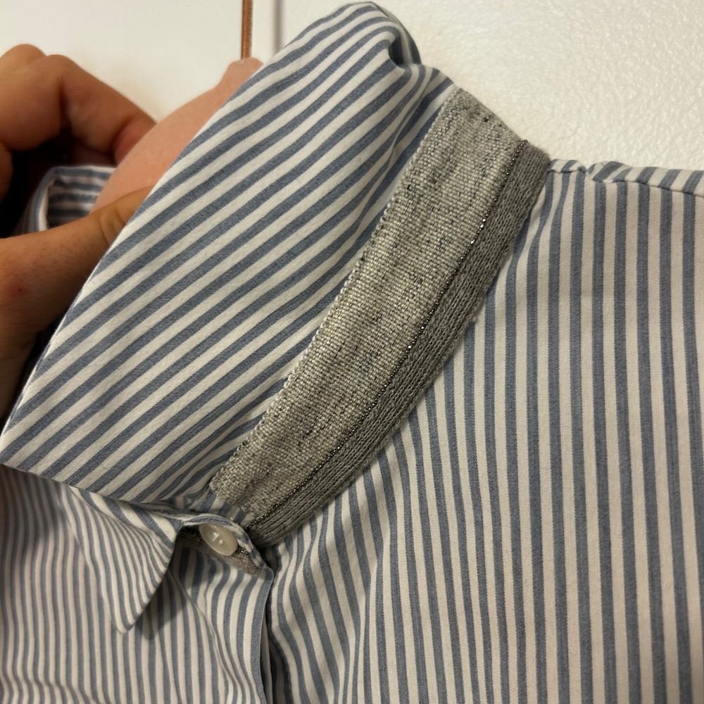 Lafayette 148 New York Blue White Striped Hidden Button Down Shirt Womens M flaw - Picture 9 of 9